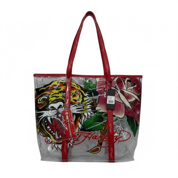 Ed Hardy Handbags - Ed Hardy Tiger Rose Clear PVC Tote‎ Bag Handbag with Red Trim and Pouch $159